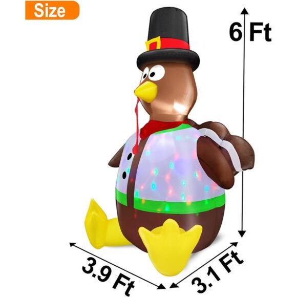 [ Colorful Rotating Lights ] 6 Ft Tall Thanksgiving Inflatable Turkey - Picture 2 of 7
